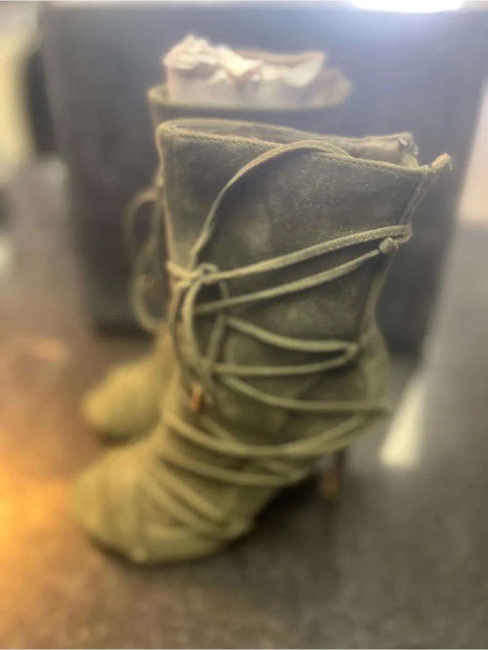Sz 7 Olive Green Lace-Up Peep Toe High Heel Boots